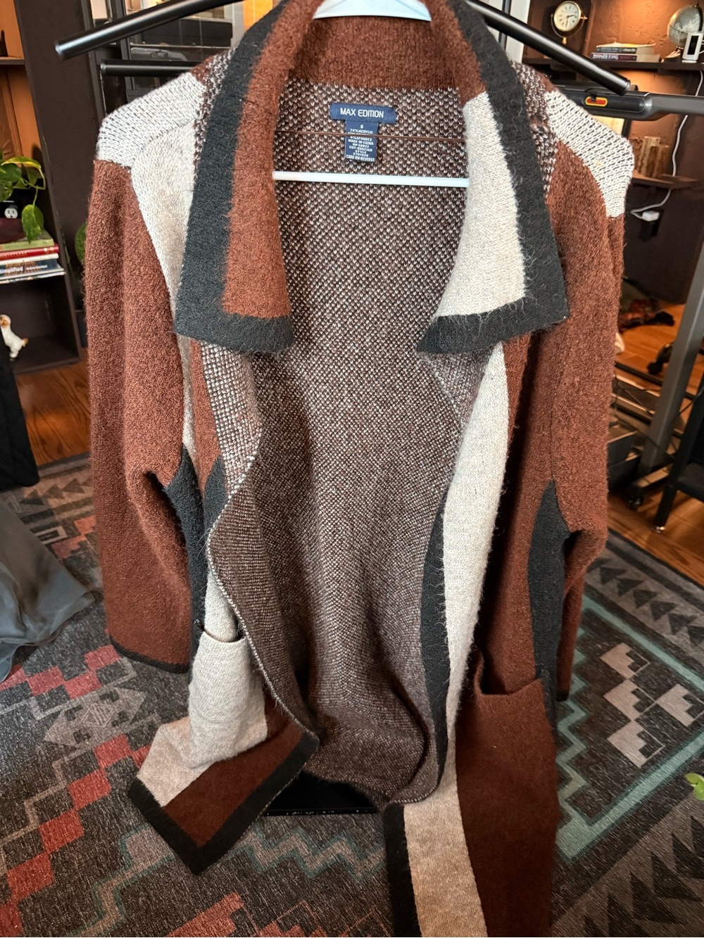 Max Edition Brown Cream and Charcoal Colorblock Open-Front Cardigan